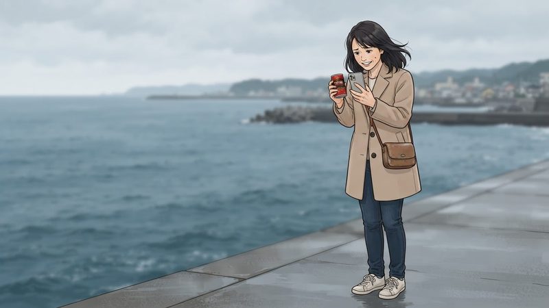 海を背景に、スマホと缶コーヒーを持つ40代女性。少し困った表情で遠くを見ている。